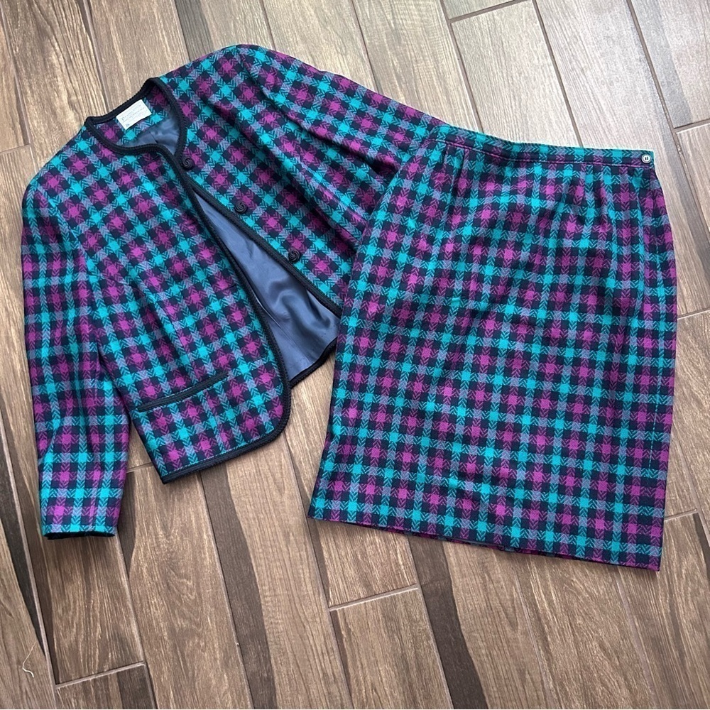 VTG Pendleton 100% Wool Plaid Skirt & Jacket Set Purple & Turquoise Sz 14W/16 - Picture 7 of 13